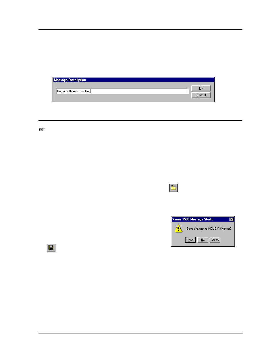Adding a description, Saving & renaming the message, New message | Existing message, Renaming a message or saving to another location, Adding a description -13, Saving & renaming the message -13, New message -13, Existing message -13 | Daktronics Venus 1500 Ver 2.x User Manual | Page 41 / 69