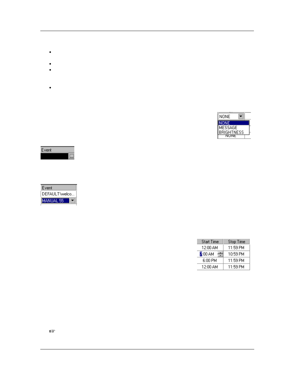 Using the schedule studio, Choosing the type of event, Message | Brightness, Setting the start time/stop time, Using the schedule studio -3, Choosing the type of event -3, Message -3, Brightness -3, Setting the start time/stop time -3 | Daktronics Venus 1500 Ver 2.x User Manual | Page 45 / 69