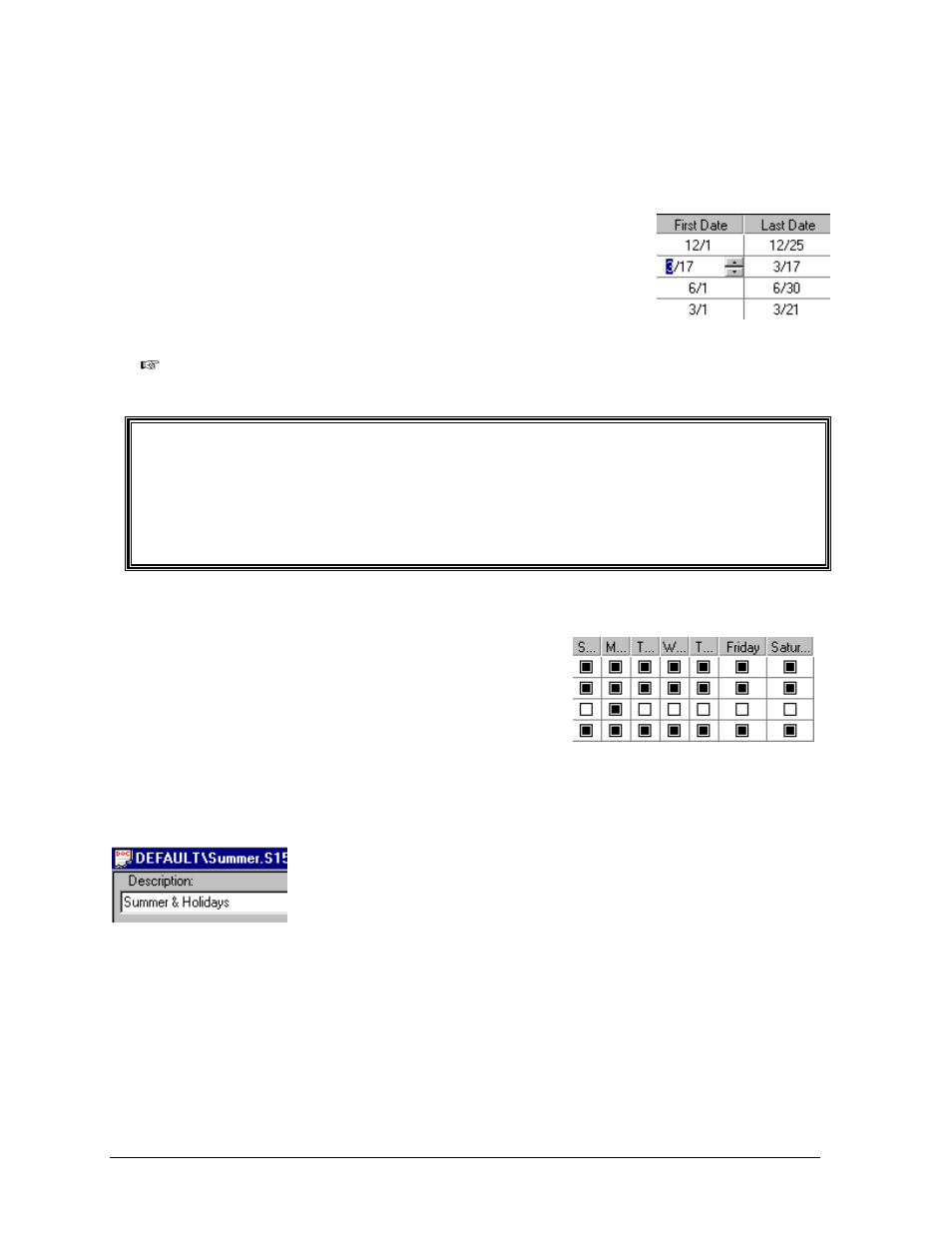 Setting the first date/last date, Setting the days of the week, Adding a description | Setting the first date/last date -4, Setting the days of the week -4, Adding a description -4 | Daktronics Venus 1500 Ver 2.x User Manual | Page 46 / 69
