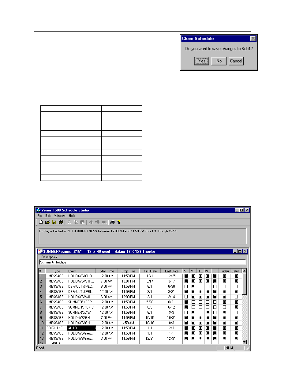 Exiting the venus 1500 schedule studio, Venus 1500 schedule studio keyboard shortcuts, Sample schedule | Exiting the venus 1500 schedule studio -6, Venus 1500 schedule studio keyboard shortcuts -6, Sample schedule -6 | Daktronics Venus 1500 Ver 2.x User Manual | Page 48 / 69