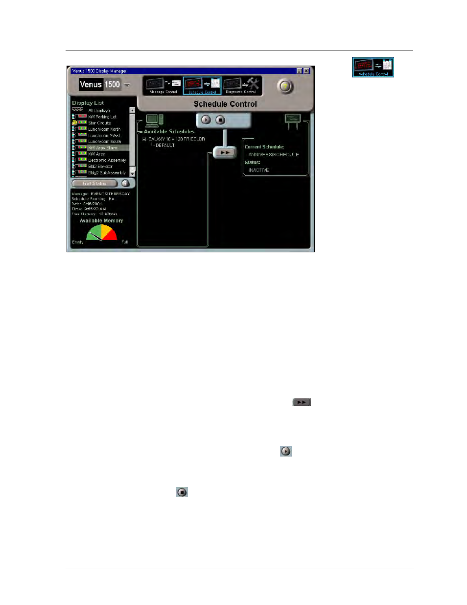 Schedule control, Sending a schedule to the display, Running a schedule | Stopping an active schedule, Schedule control -5, Sending a schedule to the display -5, Running a schedule -5, Stopping an active schedule -5 | Daktronics Venus 1500 Ver 2.x User Manual | Page 55 / 69