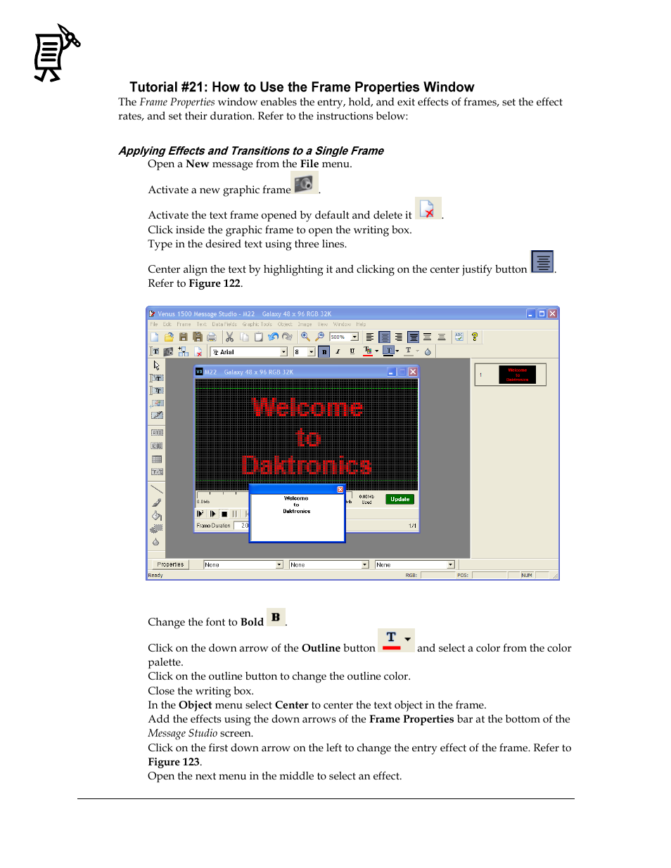 Applying effects and transitions to a single frame, Figure 122: center aligning text | Daktronics Venus 1500 Ver 3.x User Manual | Page 106 / 187