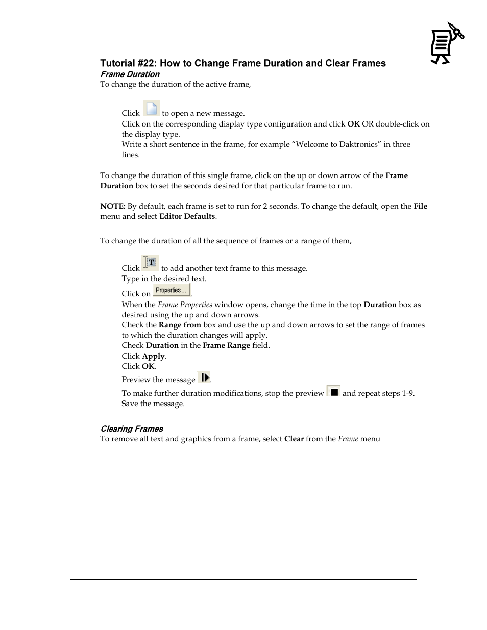 Frame duration, Clearing frames | Daktronics Venus 1500 Ver 3.x User Manual | Page 109 / 187