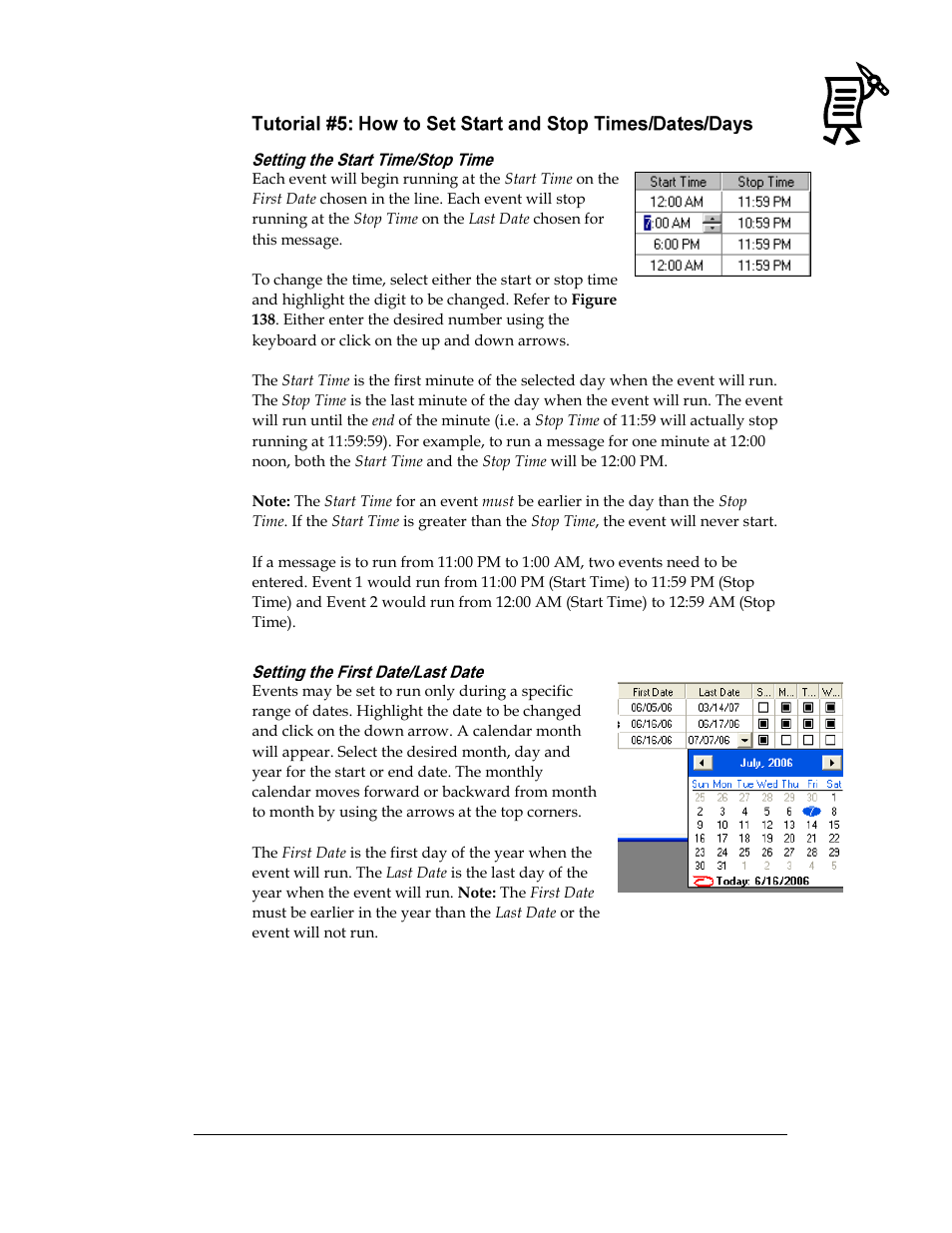 Setting the start time/stop time, Setting the first date/last date, Figure 138: changing start and stop times | Figure 139: first date/last date | Daktronics Venus 1500 Ver 3.x User Manual | Page 125 / 187