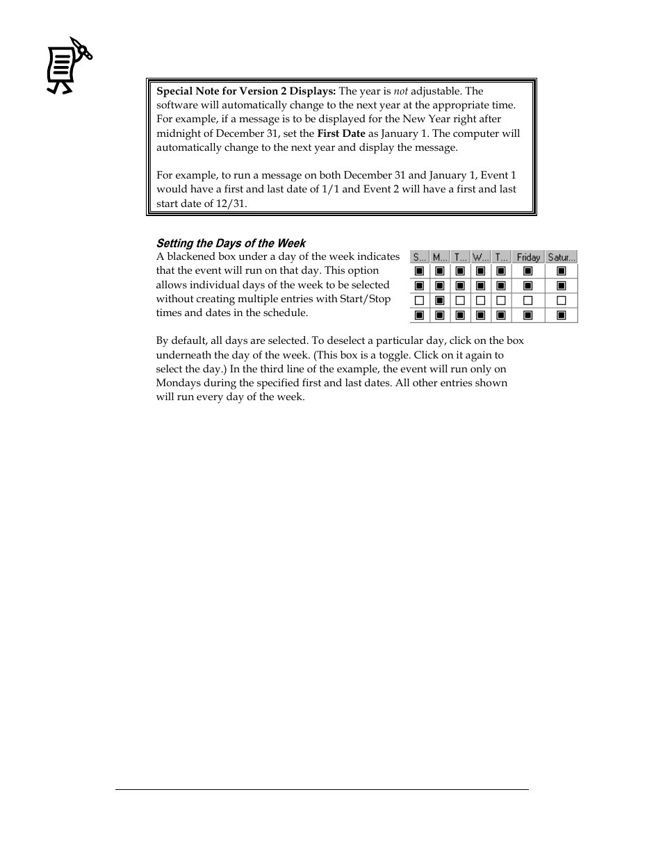 Setting the days of the week | Daktronics Venus 1500 Ver 3.x User Manual | Page 126 / 187