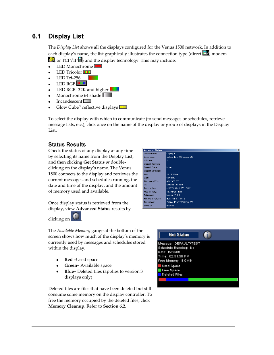 Display list, Status results, Figure 143: advanced status | Figure 144: available memory gauge | Daktronics Venus 1500 Ver 3.x User Manual | Page 132 / 187