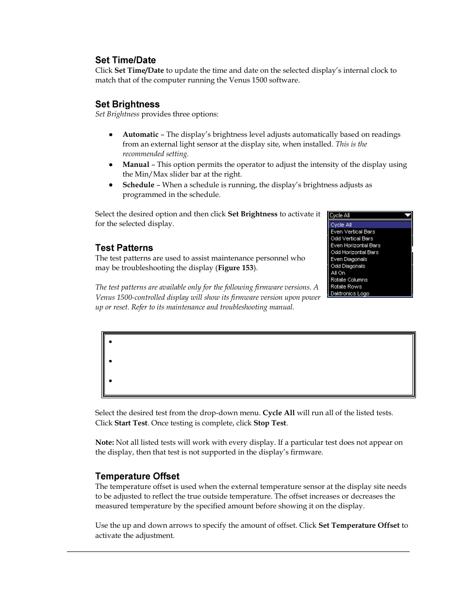 Set time/date, Set brightness, Test patterns | Temperature offset, Figure 153: test patterns options | Daktronics Venus 1500 Ver 3.x User Manual | Page 137 / 187