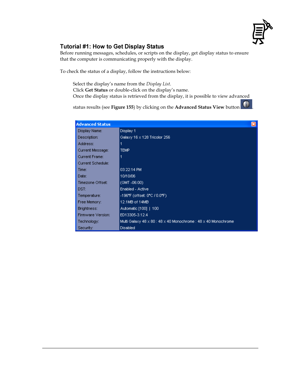 Tutorial #1: how to get display status, Figure 155: advanced status | Daktronics Venus 1500 Ver 3.x User Manual | Page 139 / 187