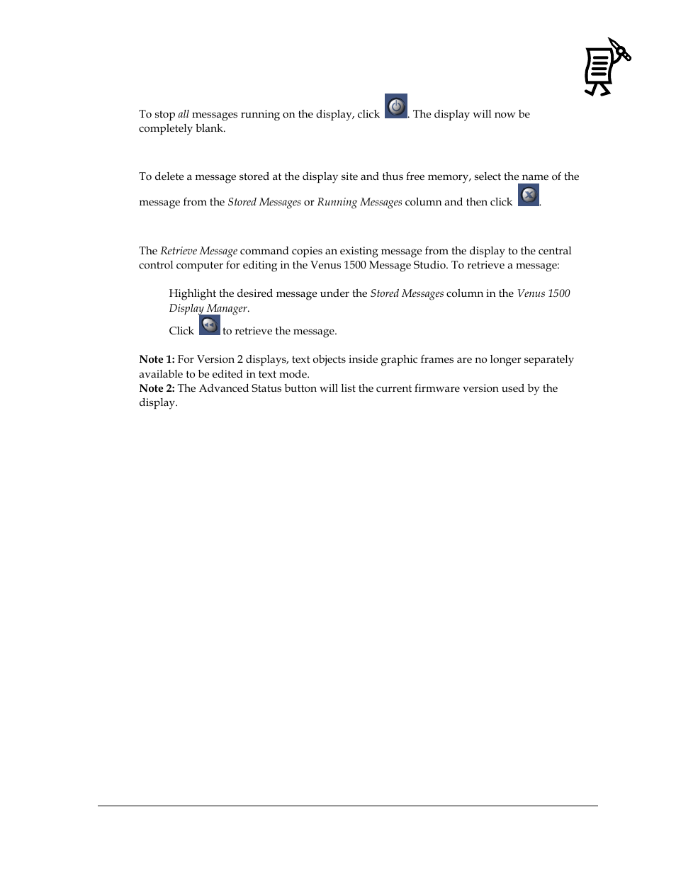 Blanking the display, Deleting a message from a display, Retrieving a message from a display | Daktronics Venus 1500 Ver 3.x User Manual | Page 141 / 187