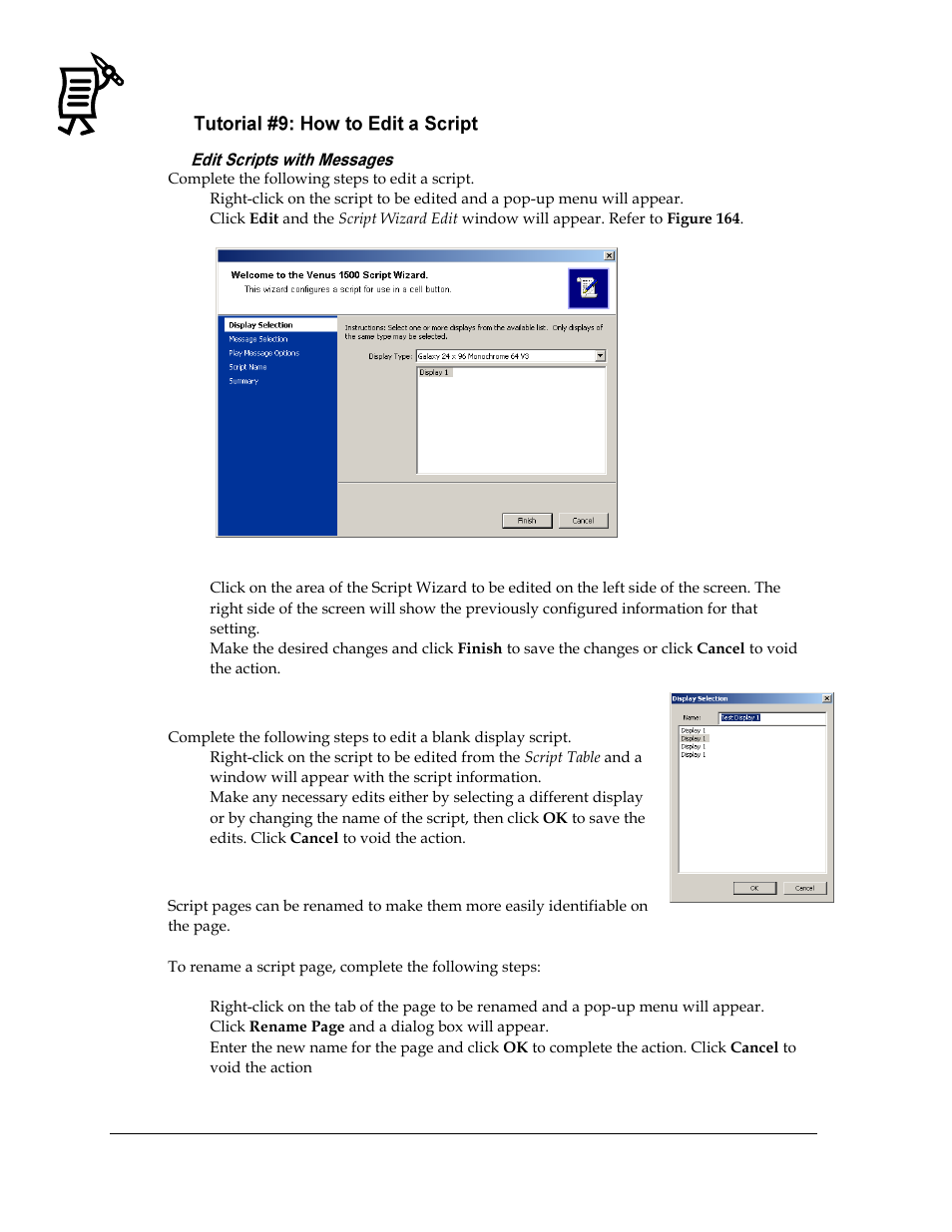 Tutorial #9: how to edit a script, Edit scripts with messages, Edit a blank display script | Figure 164: editing a script, Figure 165: edit a blank display script | Daktronics Venus 1500 Ver 3.x User Manual | Page 150 / 187