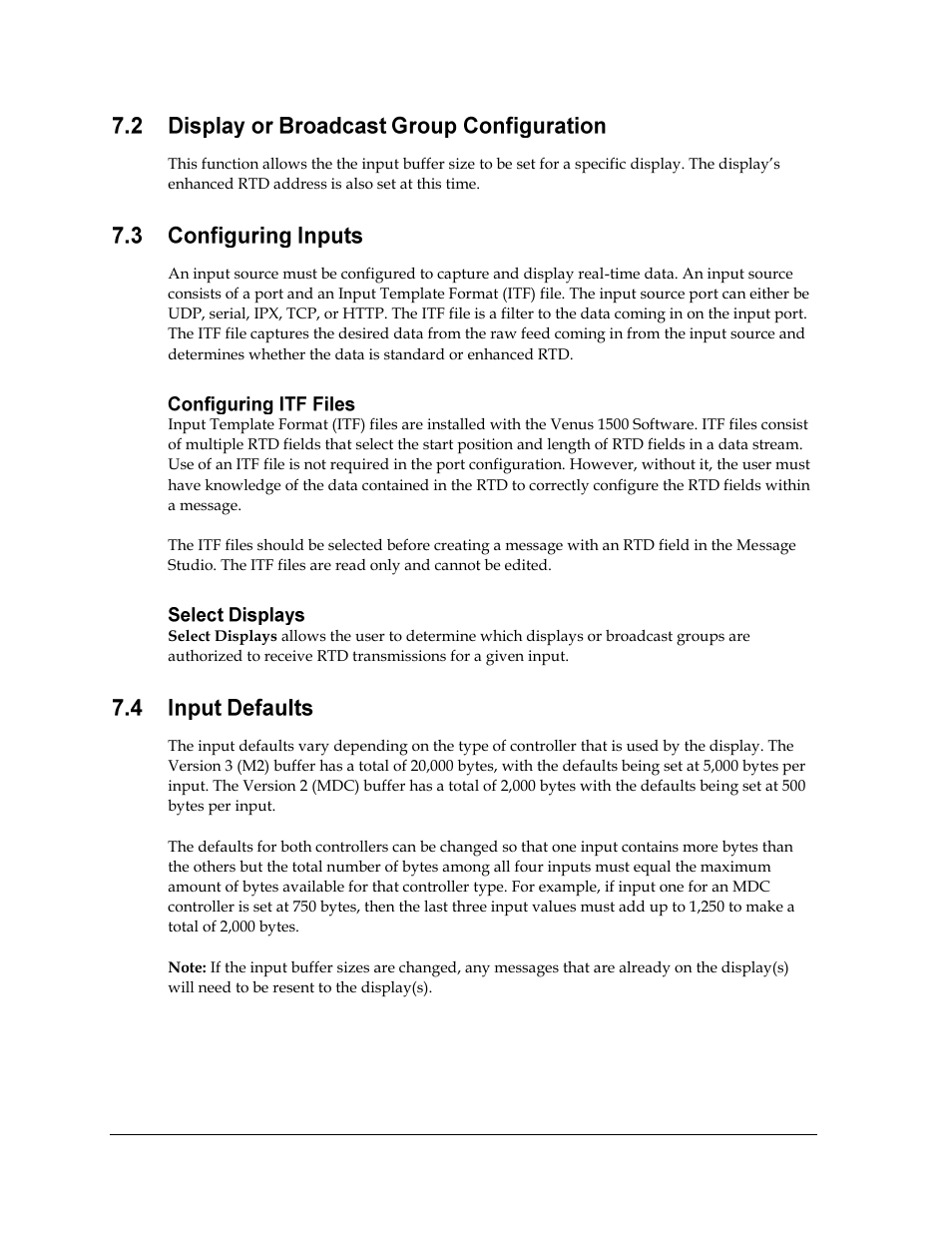 Display or broadcast group configuration, Configuring inputs, Configuring itf files | Select displays, Input defaults | Daktronics Venus 1500 Ver 3.x User Manual | Page 154 / 187