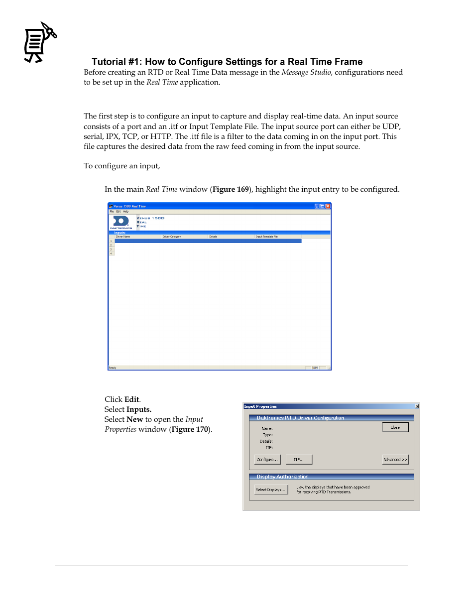 Configure inputs, Figure 169: real-time window, Figure 170: input properties window | Daktronics Venus 1500 Ver 3.x User Manual | Page 156 / 187