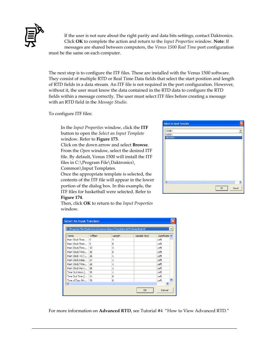 Configure itf files, Figure 173: select an input template, Figure 174: select an input template | Daktronics Venus 1500 Ver 3.x User Manual | Page 158 / 187