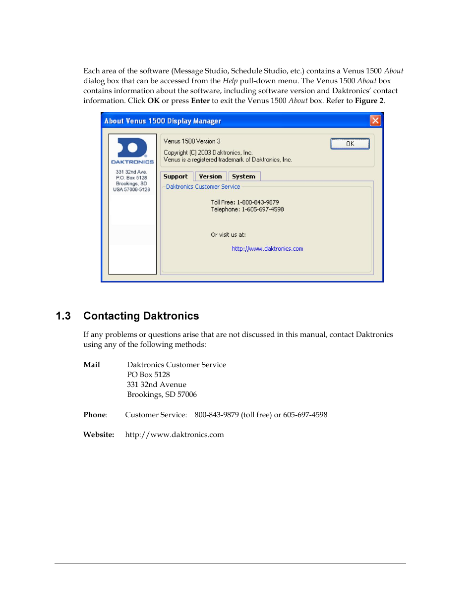 Contacting daktronics, Figure 2: about dialog | Daktronics Venus 1500 Ver 3.x User Manual | Page 16 / 187