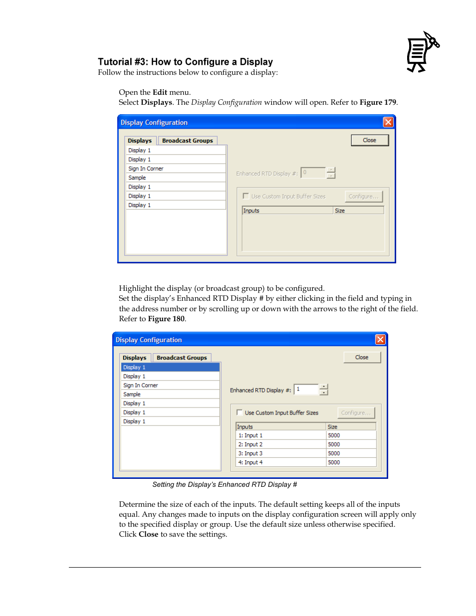 Tutorial #3: how to configure a display, Figure 179: display configuration window, Figure 180: sett | Ing the display’s enhanced rtd display | Daktronics Venus 1500 Ver 3.x User Manual | Page 163 / 187
