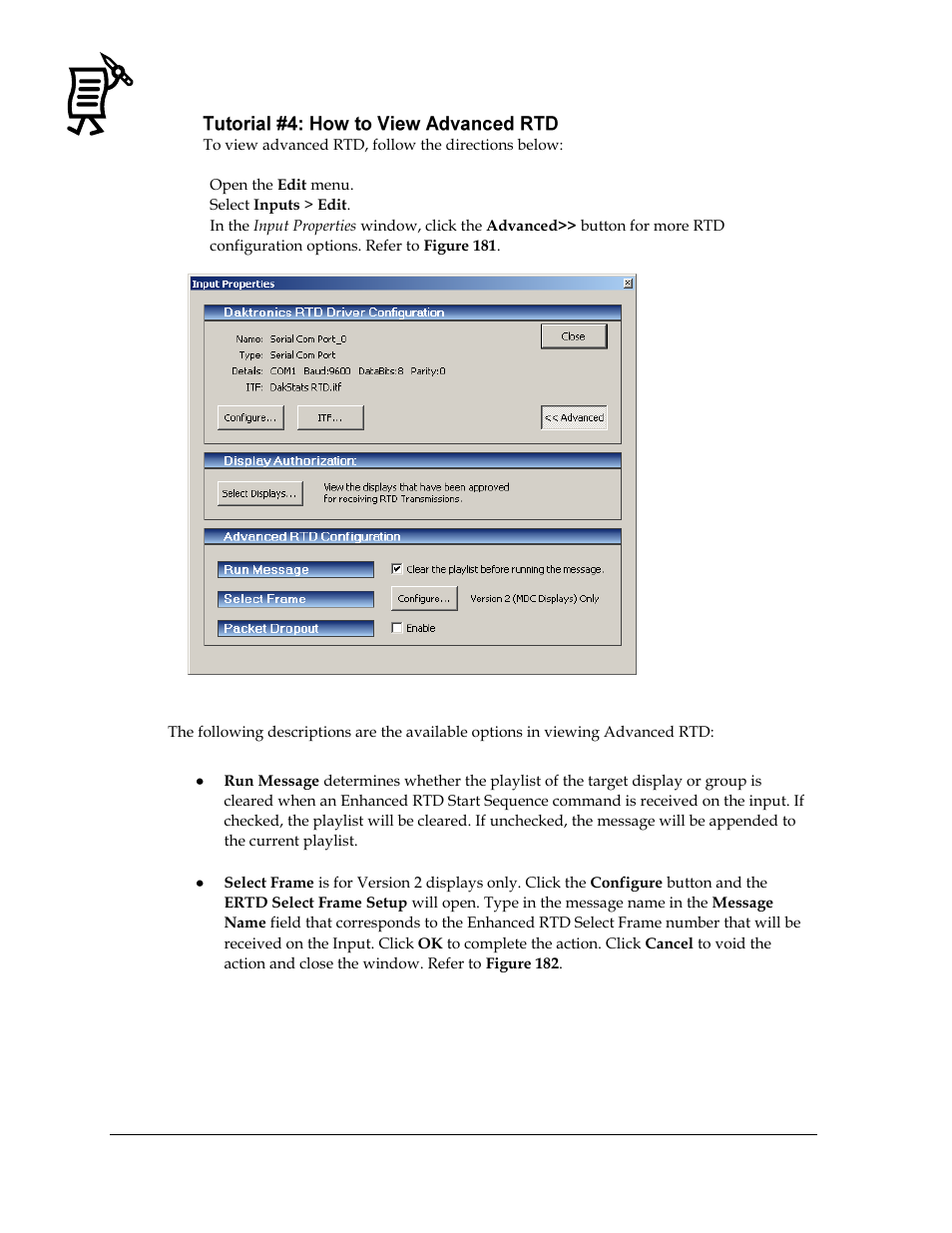 Tutorial #4: how to view advanced rtd, Figure 181: input properties window | Daktronics Venus 1500 Ver 3.x User Manual | Page 164 / 187