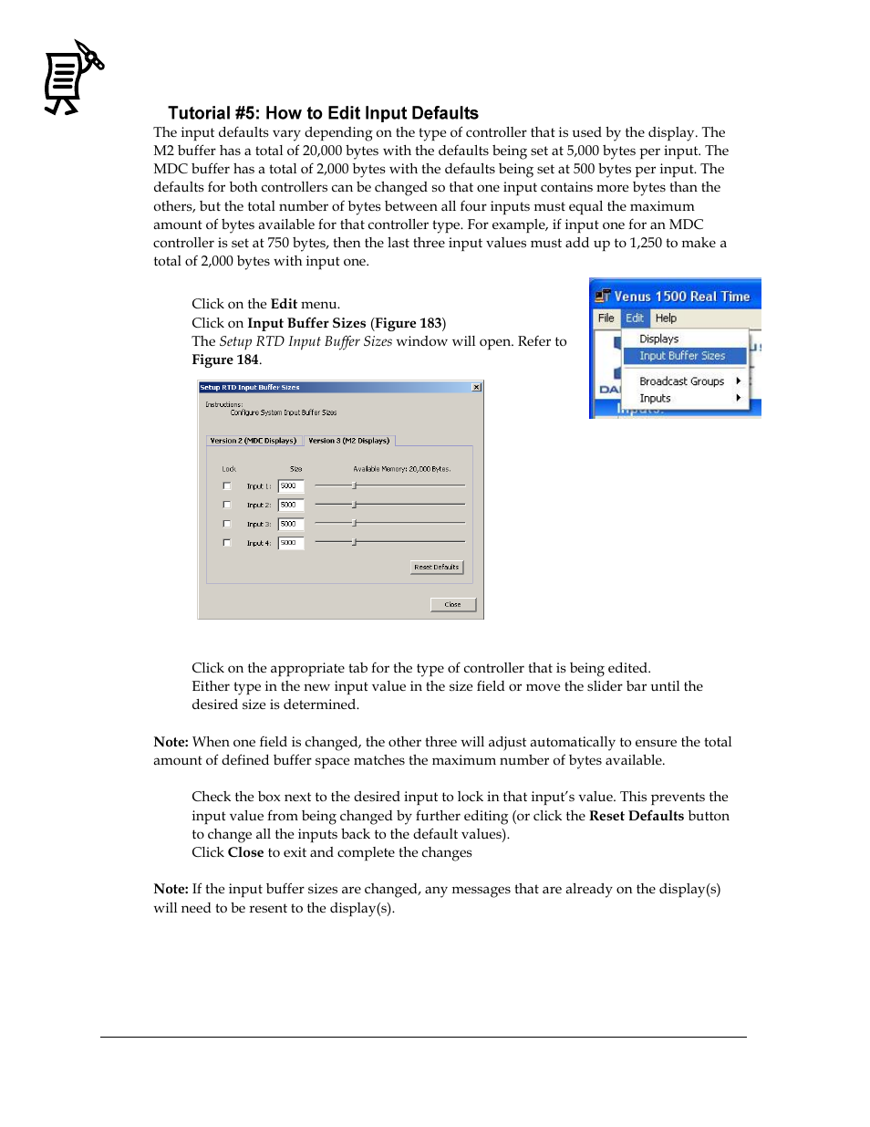 Tutorial #5: how to edit input defaults, Figure 183: edit menu, Figure 184: setup rtd input buffer sizes | Daktronics Venus 1500 Ver 3.x User Manual | Page 166 / 187
