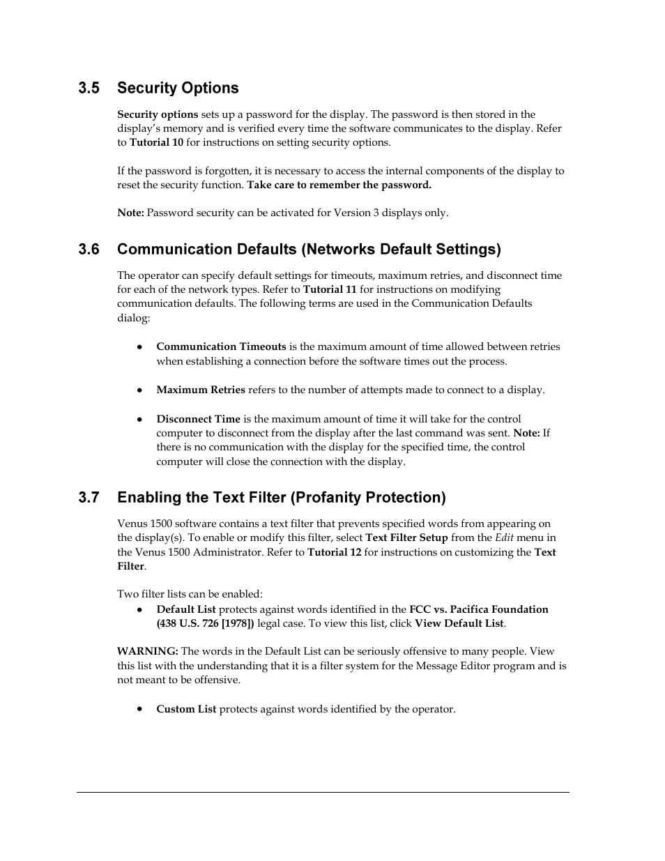 Security options, Communication defaults (networks default settings), Enabling the text filter (profanity protection) | Daktronics Venus 1500 Ver 3.x User Manual | Page 22 / 187