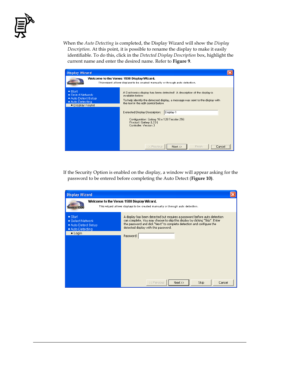 Figure 9: detected display description, Figure 10: security option | Daktronics Venus 1500 Ver 3.x User Manual | Page 26 / 187