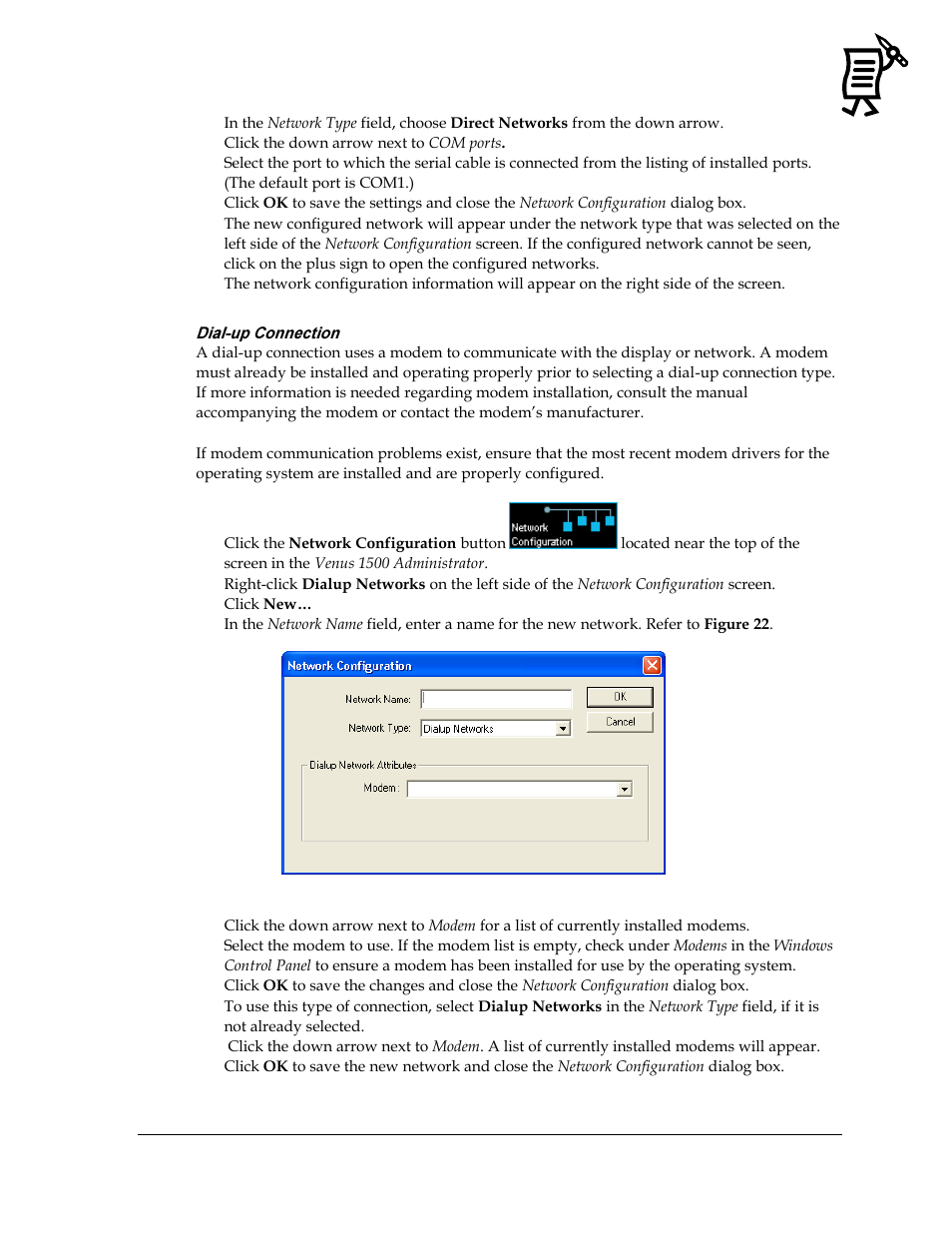 Dial-up connection, Figure 22: dialup network configuration box | Daktronics Venus 1500 Ver 3.x User Manual | Page 33 / 187