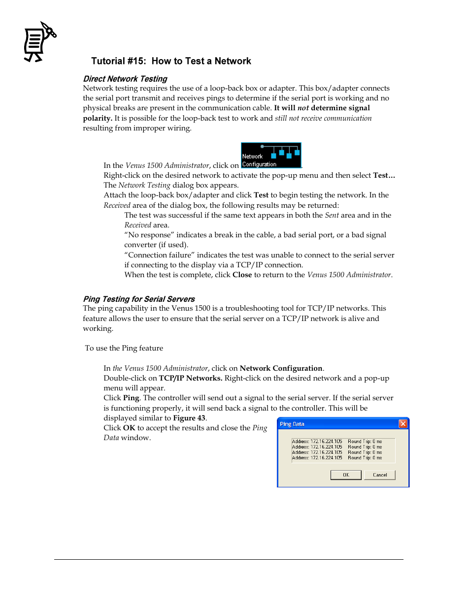 Tutorial #15: how to test a network, Direct network testing, Ping testing for serial servers | Figure 43: ping testing | Daktronics Venus 1500 Ver 3.x User Manual | Page 50 / 187