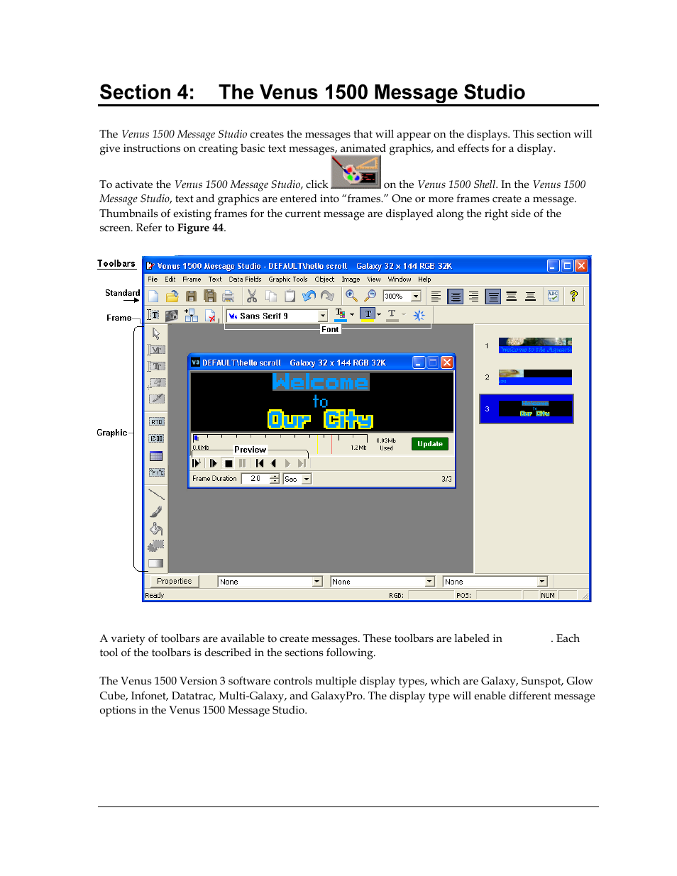 The venus 1500 message studio, Figure 44: venus 1500 message studio | Daktronics Venus 1500 Ver 3.x User Manual | Page 51 / 187