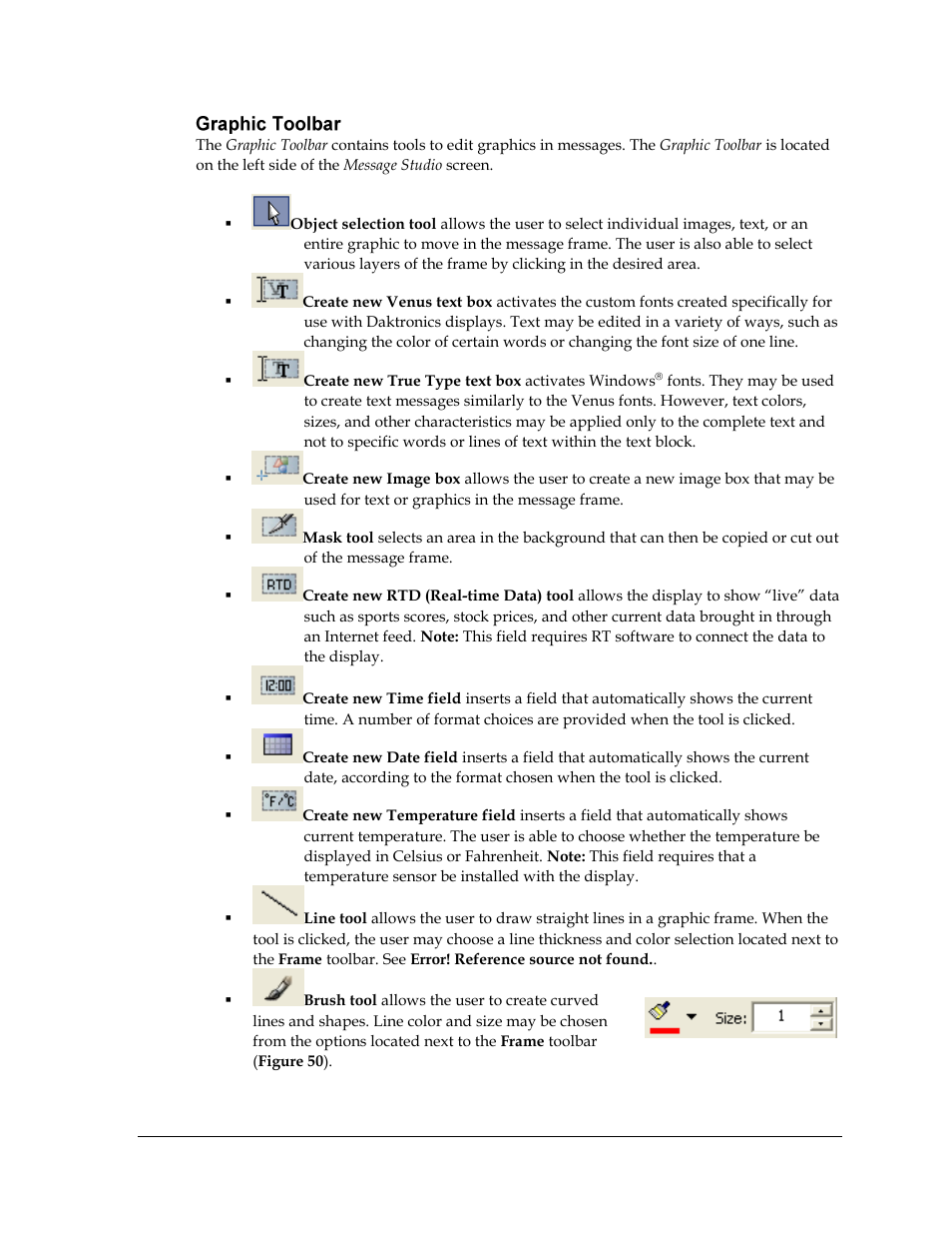 Graphic toolbar, Figure 50: brush options | Daktronics Venus 1500 Ver 3.x User Manual | Page 55 / 187