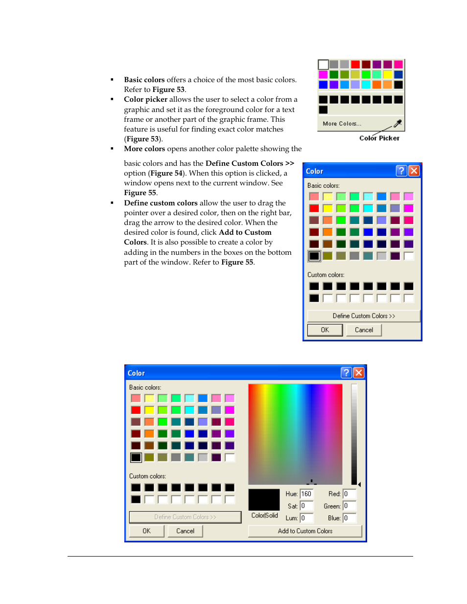 Figure 53: basic color palette, Figure 54: more colors palette, Figure 55: define custom colors palette | Daktronics Venus 1500 Ver 3.x User Manual | Page 57 / 187
