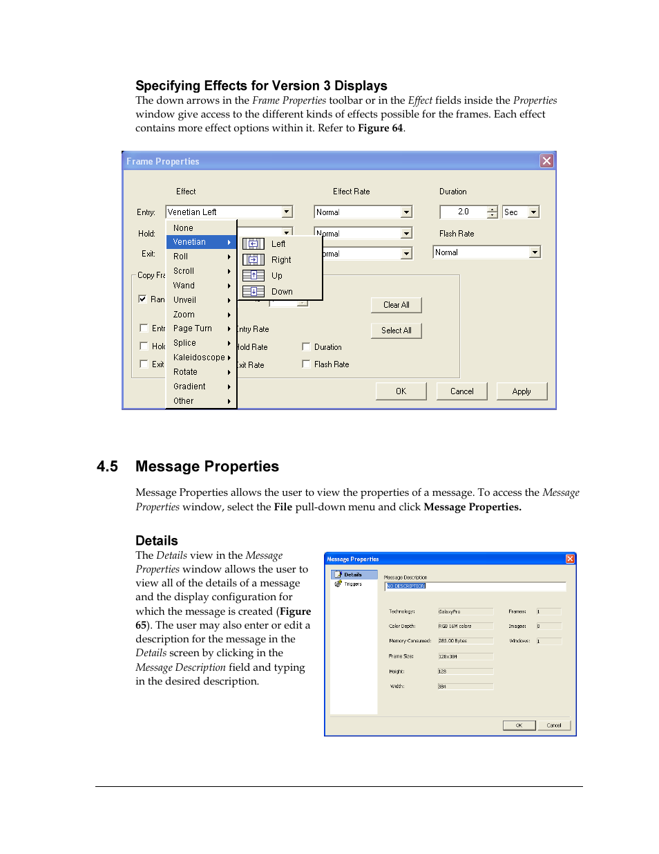 Specifying effects for version 3 displays, Message properties, Details | Figure 64: effect options, Figure 65: message properties - details | Daktronics Venus 1500 Ver 3.x User Manual | Page 63 / 187