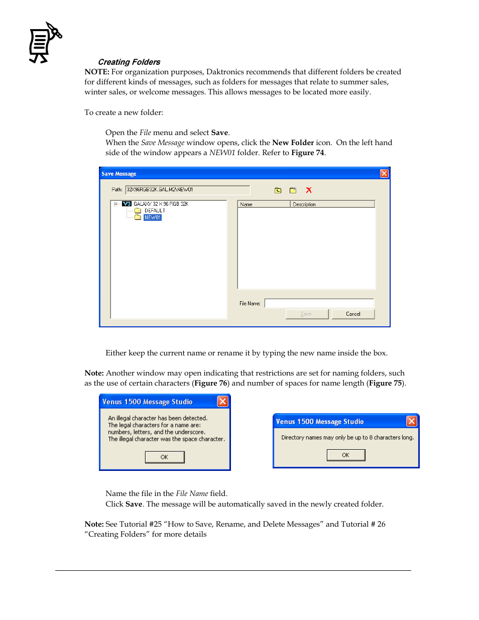 Creating folders, Figure 74: new folder dialog, Figure 75: name length message | Figure 76: message for illegal characters | Daktronics Venus 1500 Ver 3.x User Manual | Page 70 / 187