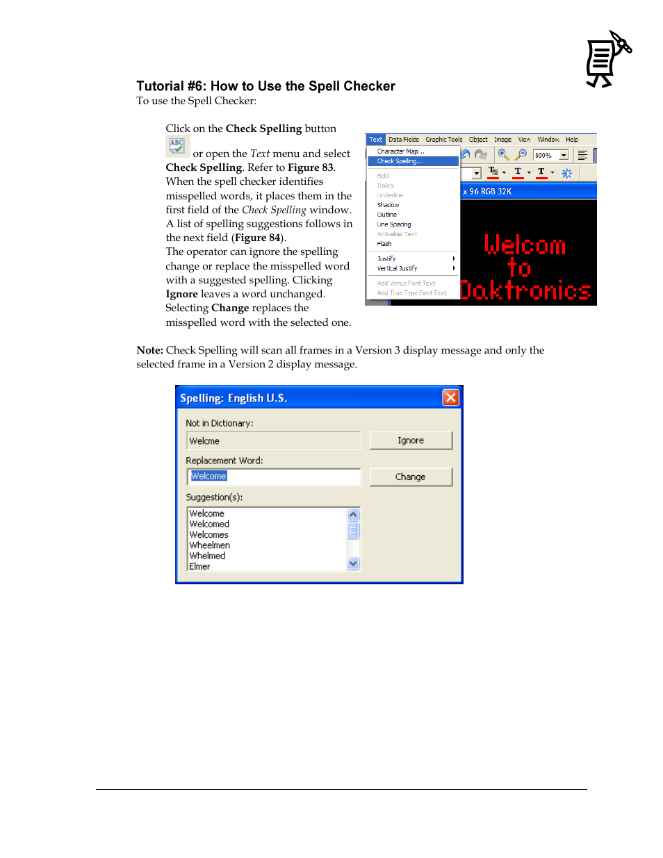 Tutorial #6: how to use the spell checker, Figure 83: text menu, Figure 84: spell check | Daktronics Venus 1500 Ver 3.x User Manual | Page 75 / 187