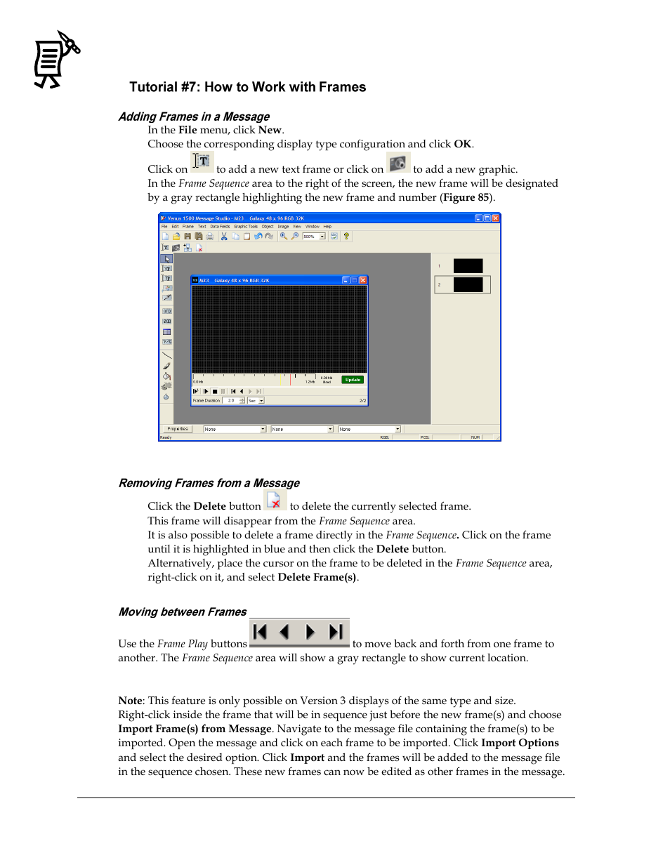 Tutorial #7: how to work with frames, Adding frames in a message, Removing frames from a message | Moving between frames, Figure 85: adding a new frame | Daktronics Venus 1500 Ver 3.x User Manual | Page 76 / 187