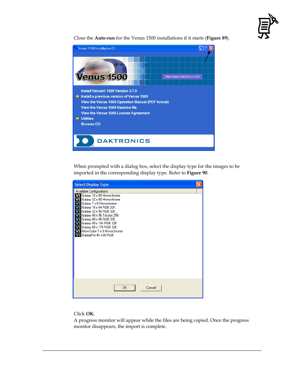 Figure 89: venus 1500 installation box, Figure 90: select display type dialog | Daktronics Venus 1500 Ver 3.x User Manual | Page 79 / 187