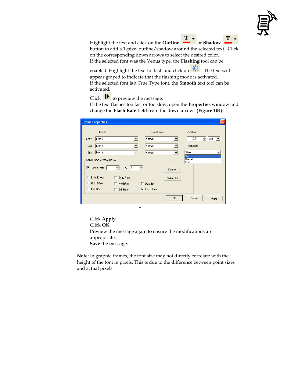 Figure 104: frame properties, Flash rate | Daktronics Venus 1500 Ver 3.x User Manual | Page 89 / 187