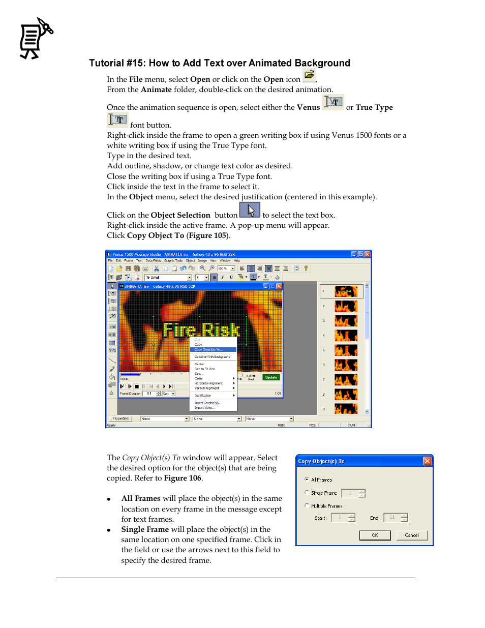 Figure 105: copy object(s) to menu, Figure 106: copy object(s) to window | Daktronics Venus 1500 Ver 3.x User Manual | Page 90 / 187