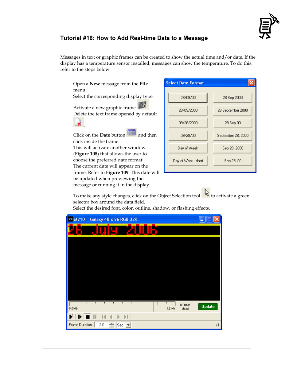 Figure 108: date format window, Figure 109: inserted date | Daktronics Venus 1500 Ver 3.x User Manual | Page 93 / 187