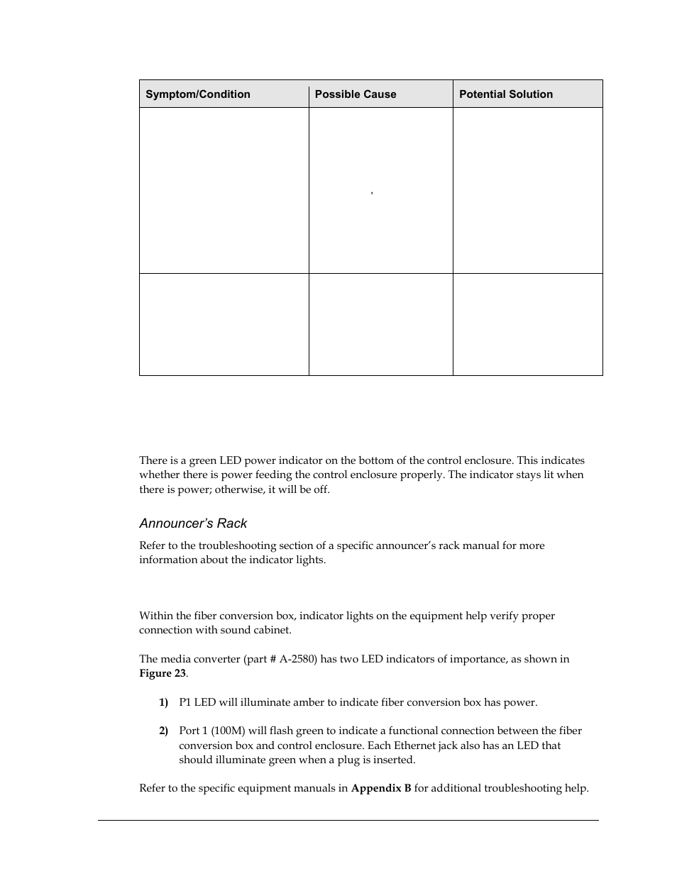 Indicator lights, Control enclosure, Announcer’s rack | Fiber conversion box | Daktronics Sportsound 500HD User Manual | Page 23 / 66