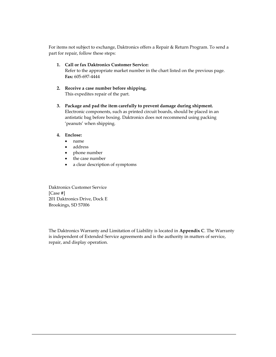 2 repair & return program, Shipping address, 3 daktronics warranty and limitation of liability | Repair & return program, Daktronics warranty and limitation of liability | Daktronics Sportsound 500HD User Manual | Page 28 / 66