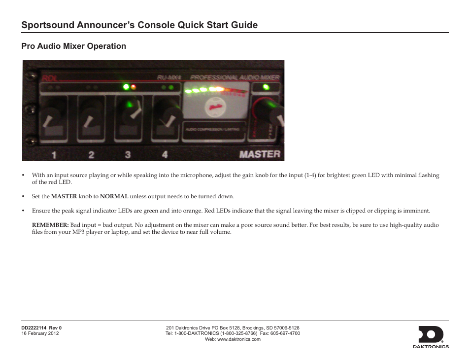Sportsound announcer’s console quick start guide, Pro audio mixer operation | Daktronics Sportsound Announcer’s Console User Manual | Page 2 / 4