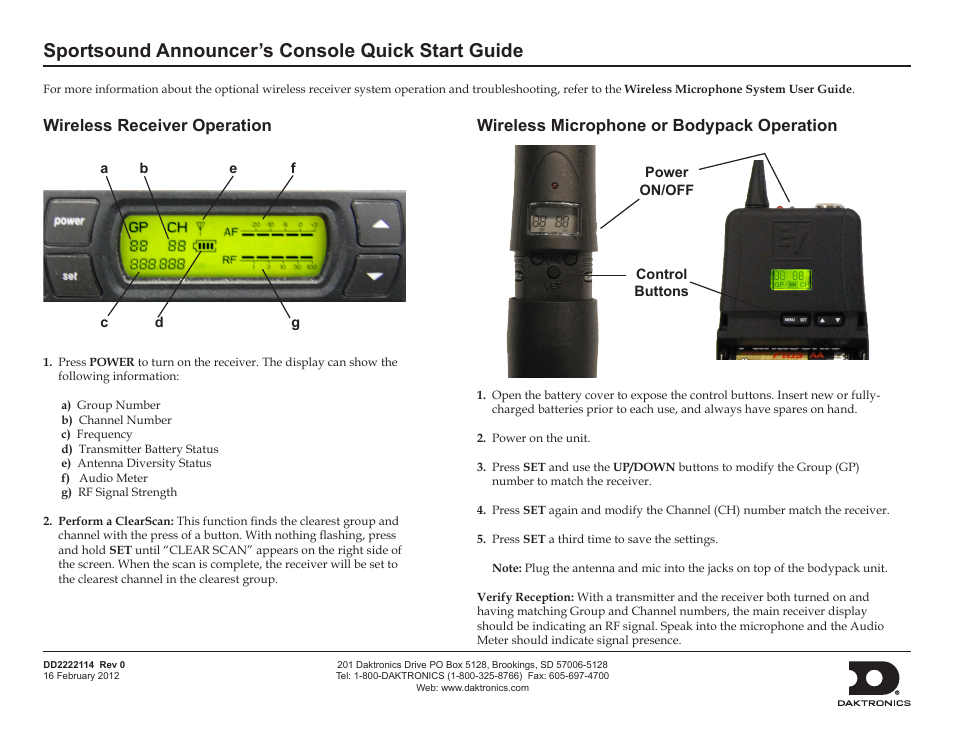 Sportsound announcer’s console quick start guide, Wireless receiver operation, Wireless microphone or bodypack operation | Daktronics Sportsound Announcer’s Console User Manual | Page 3 / 4