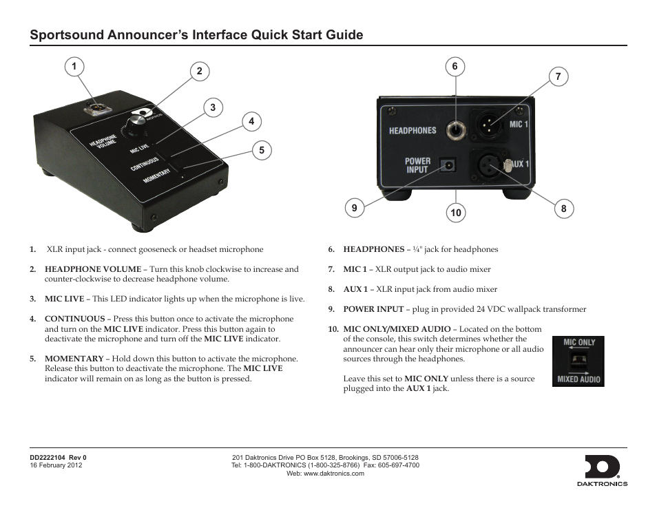 Sportsound announcer’s interface quick start guide | Daktronics Sportsound Announcer’s Console User Manual | Page 4 / 4