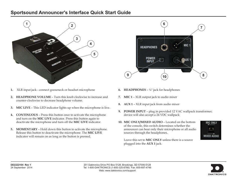 Daktronics Sportsound Announcer's Interface User Manual | 1 page