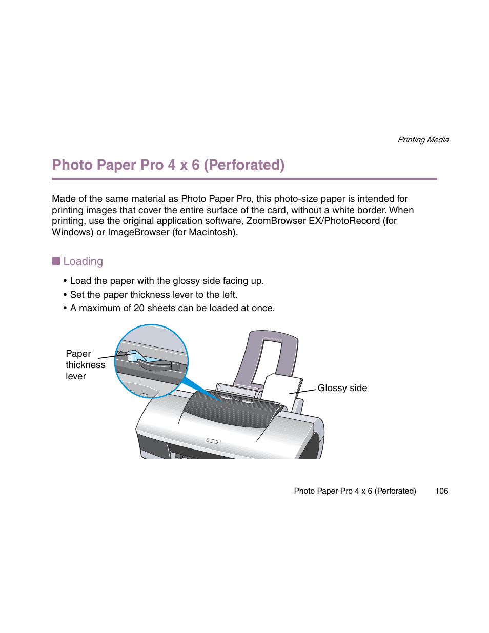 Photo paper pro 4 x 6 (perforated) | Canon S900 User Manual | Page 106 / 178
