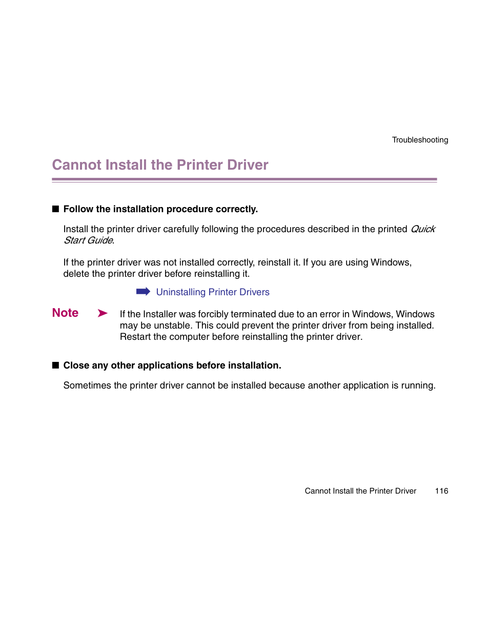 Cannot install the printer driver | Canon S900 User Manual | Page 116 / 178