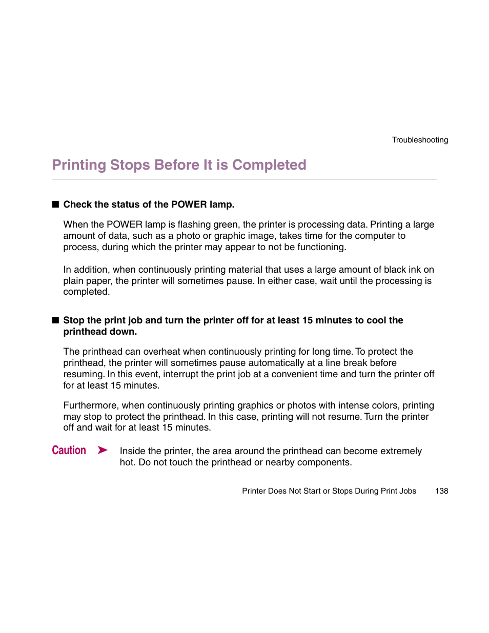 Printing stops before it is completed, Caution | Canon S900 User Manual | Page 138 / 178