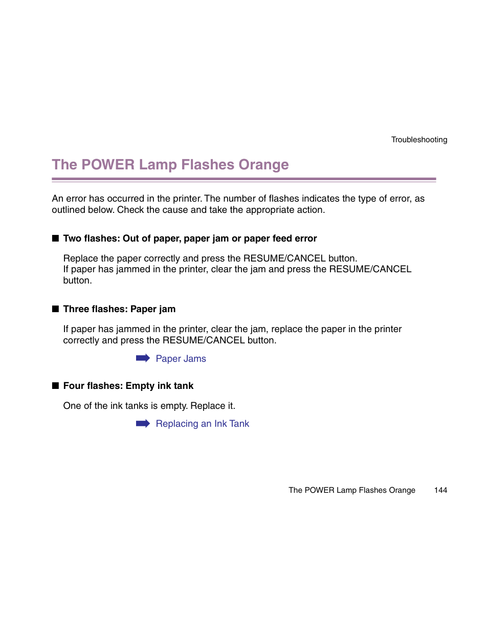 The power lamp flashes orange | Canon S900 User Manual | Page 144 / 178