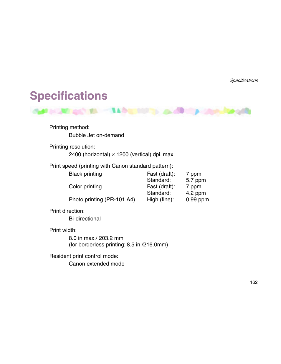 Specifications | Canon S900 User Manual | Page 162 / 178