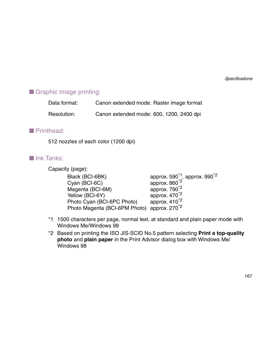 Graphic image printing, Printhead, Ink tanks | Canon S900 User Manual | Page 167 / 178