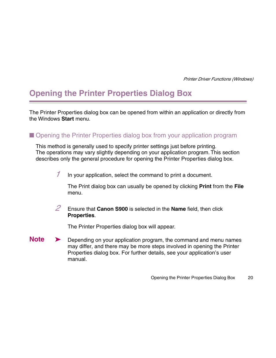 Opening the printer properties dialog box | Canon S900 User Manual | Page 20 / 178