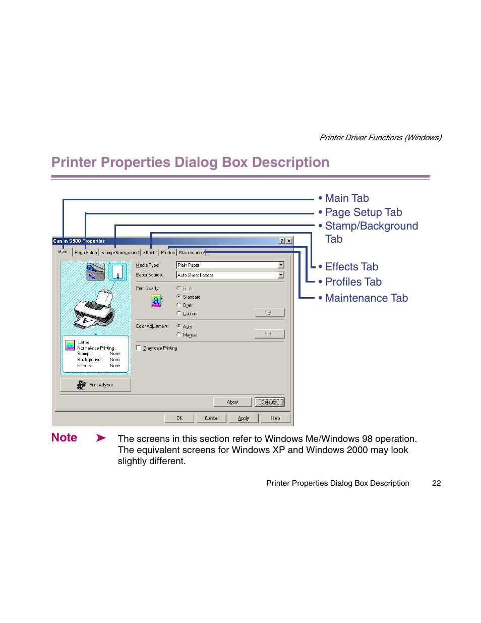 Printer properties dialog box description | Canon S900 User Manual | Page 22 / 178